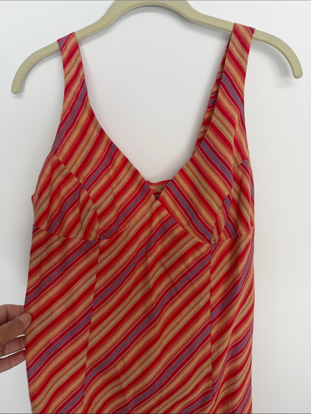 Striped Red  Orange and Blue V-Neck Women's Linen Dress Made in France